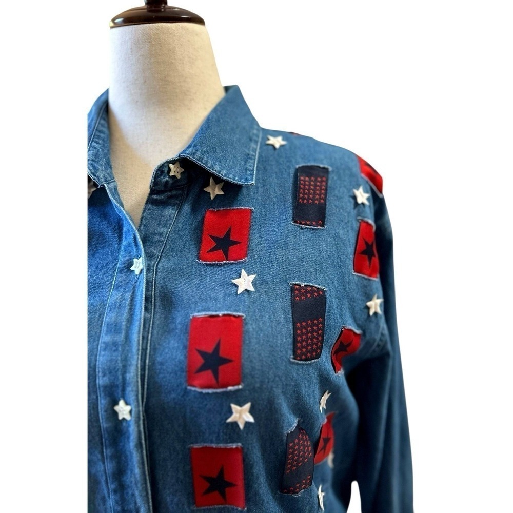 Vtg Denim Stars Stripes Shirt Top Size XL Button Up Primitive Patriotic Country